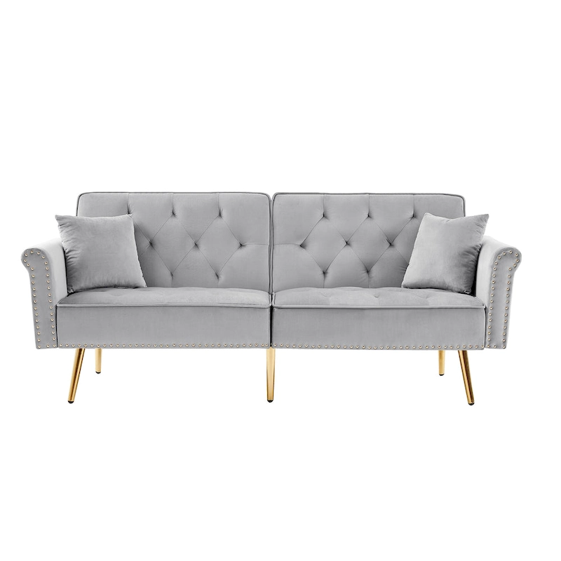 Velvet Tufted Sofa Couch with 2 Pillows and Nailhead Trim