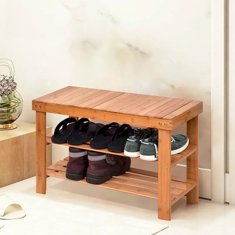 3-Tier Bamboo Shoe Rack Bench, Black/Natural, Seats 1