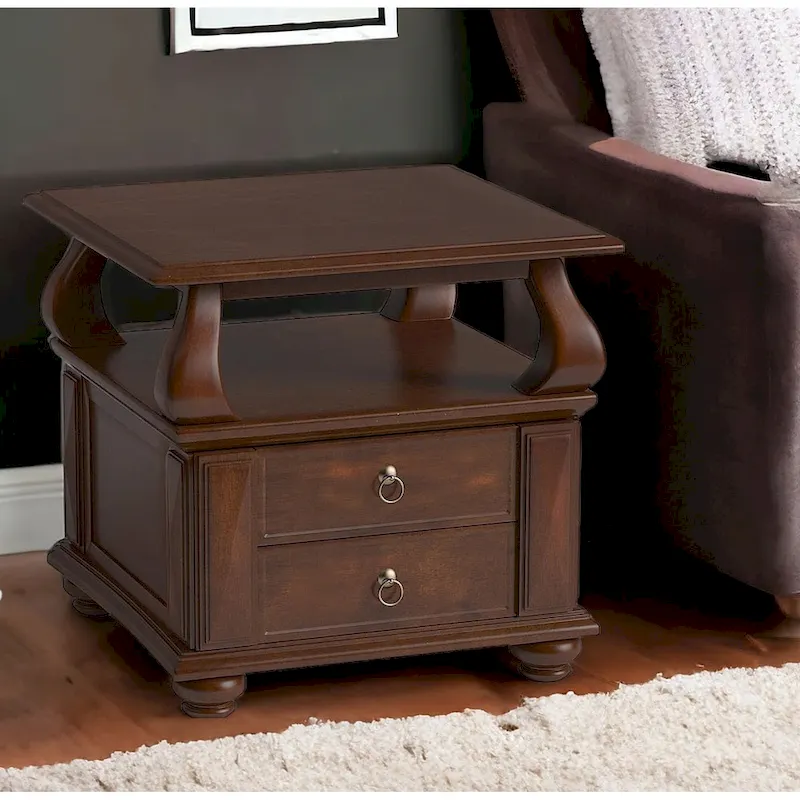 HomeRoots 26  Brown Solid Wood Square End Table With Two Drawers And Shelf - 26' X '26' X '28