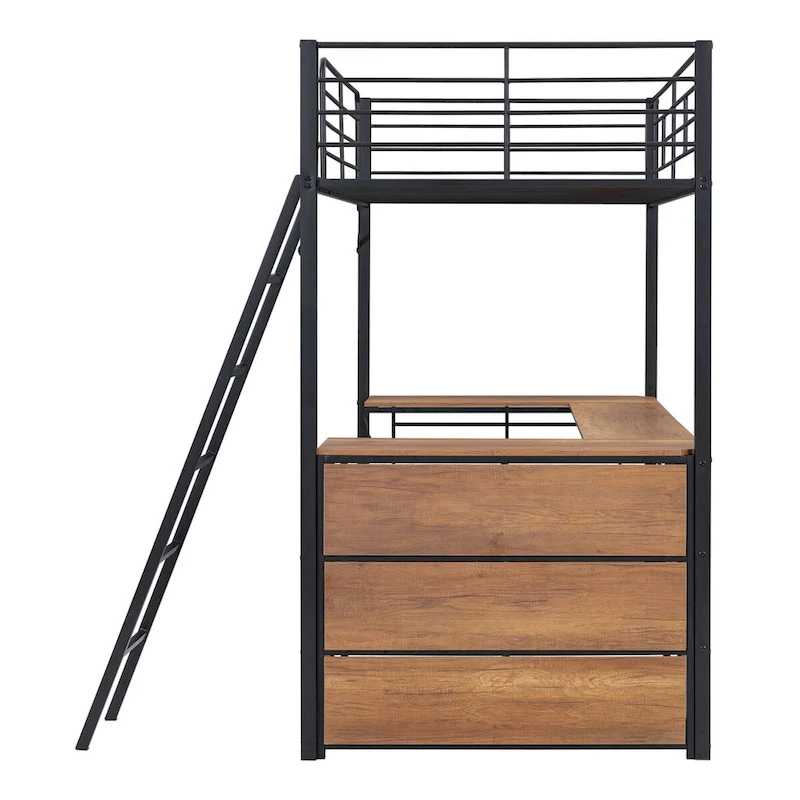 Metal Loft Bed with L-shaped Desk and 3 Layers of Shelves, Reversible Ladder