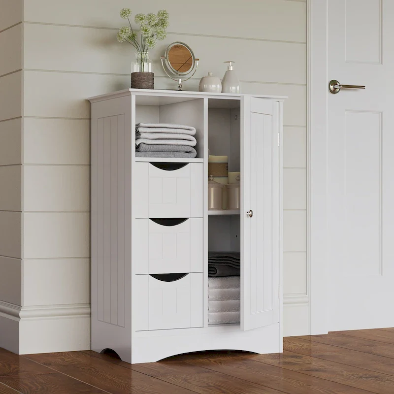Single Door Bathroom and Laundry Storage Cabinet with 3 Drawers, Open and Adjustable Shelf