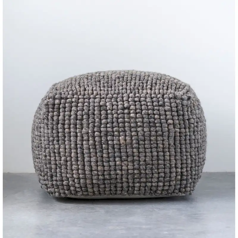 Cream/Grey/Teal Wool & Cotton Round Pouf Ottoman, 24