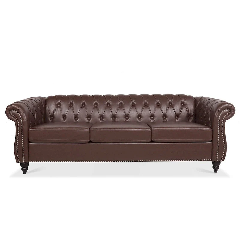84.65 Chesterfield Tufted Faux Leather Sofa with Rolled Arms