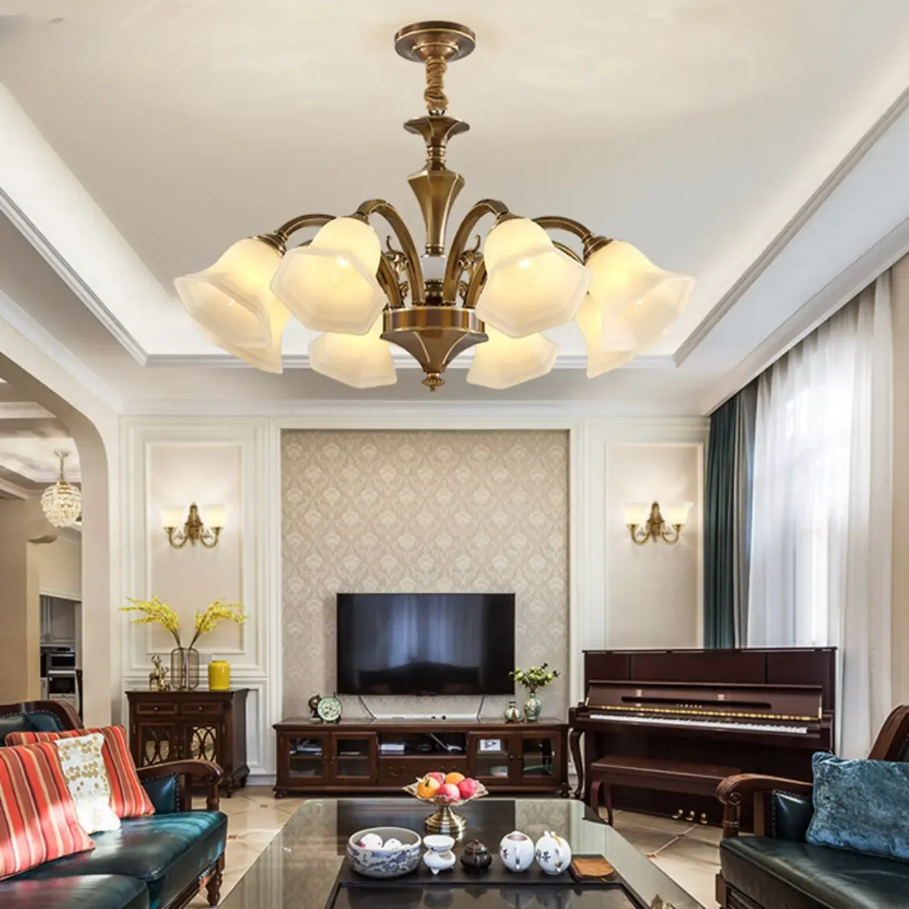 Classic Floral Brass Chandelier for Living Room with Beige Shade