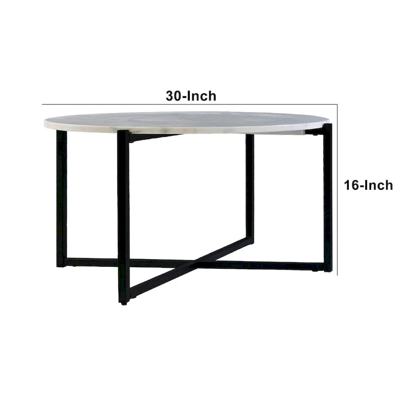 Ivy 30 Inch Marble Top Round Coffee Table with Metal Frame, White and Black