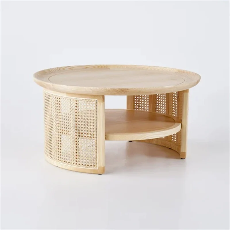 JASIWAY 2-Tiered Round Wood Coffee Table with Rattan Base