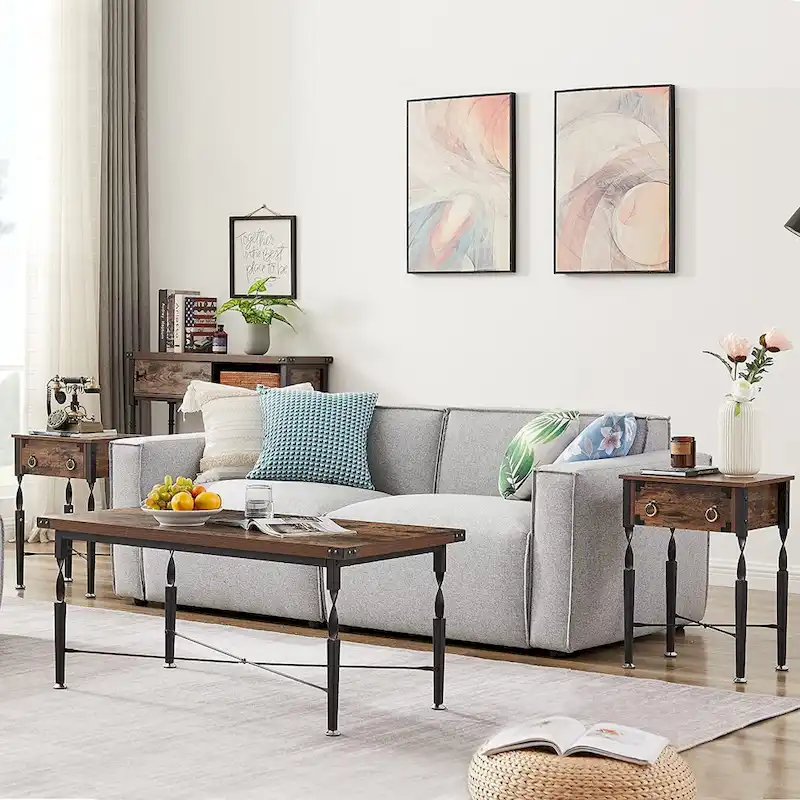 Set of 3 Coffee Table Sets with Coffee Table + 2 End Tables, X-Shaped Design, Rustic Brown