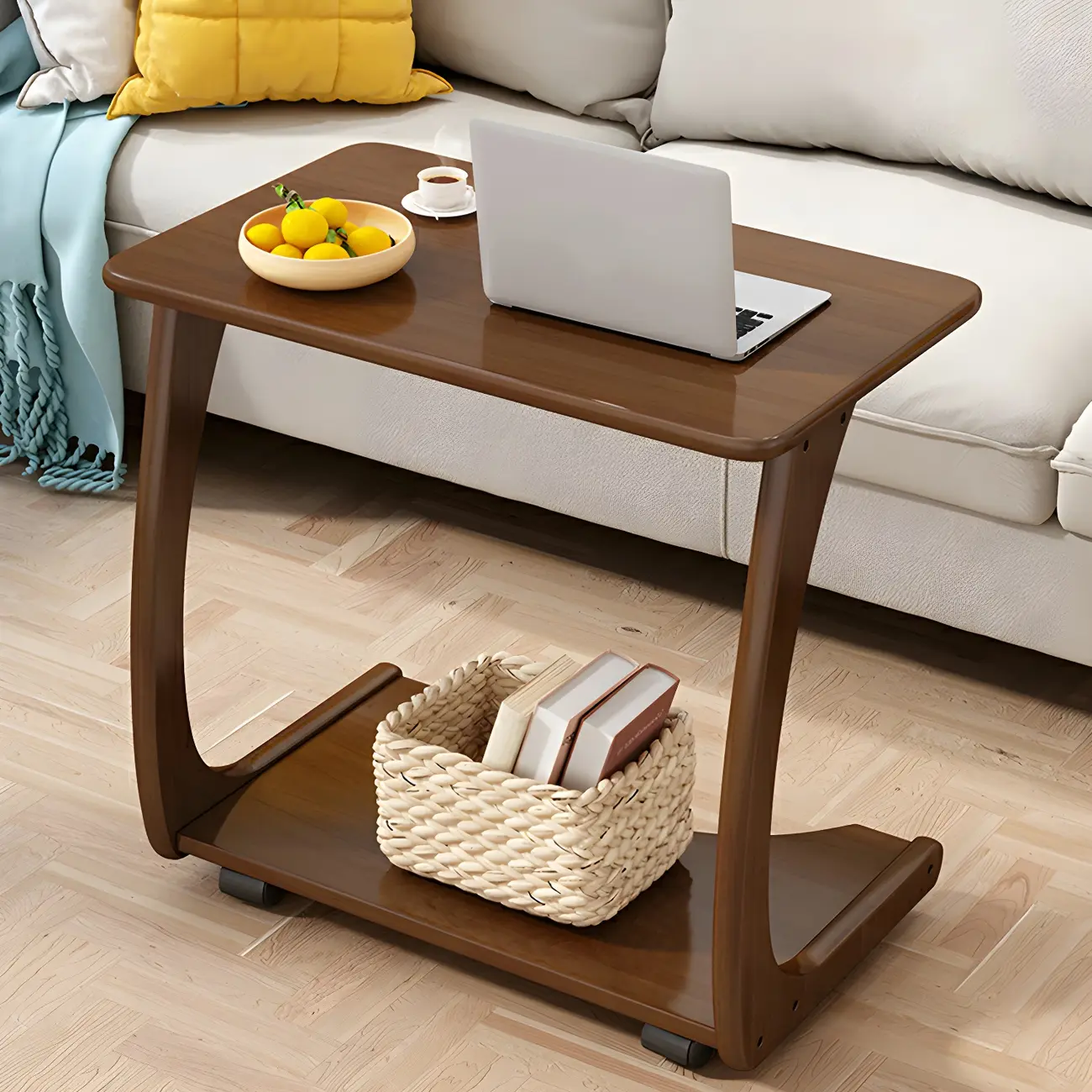 Walnut C-Shaped Side Table With Casters