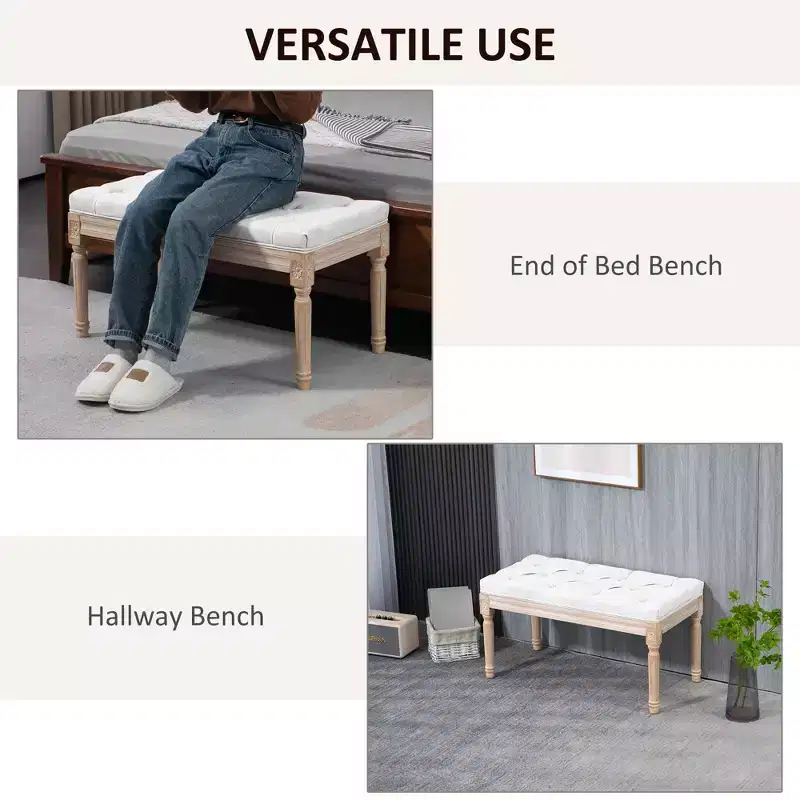 32 Linen Upholstered Bedroom Bench, French End of Bed Bench with Thick Padded Cushion and Wooden Legs
