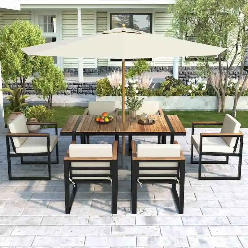 7 Pcs Outdoor Acacia Wood Dining and Chair Set, Wood Dining Table with Umbrella Hole, Chair with Removable Cushions