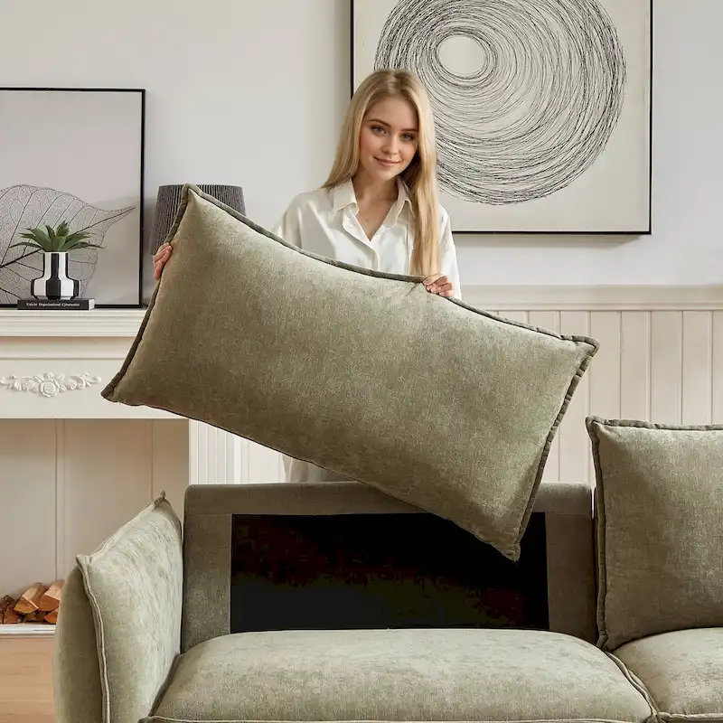 Light Green 88 Chenille 3-Seater Sofa with 2 Extra Pillows and Thickly Padded Seat