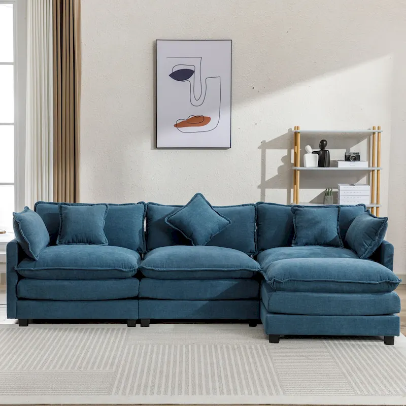 Blue 112.2 Modern L-Shaped 4-Seat Sofa with Removable Ottoman