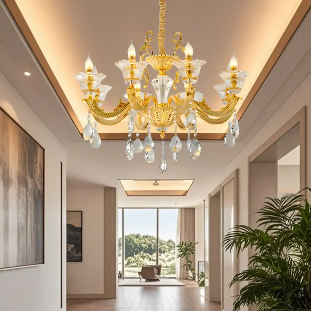 Living Room Golden Crystal Pendant Up Light Chandelier With Candelabra