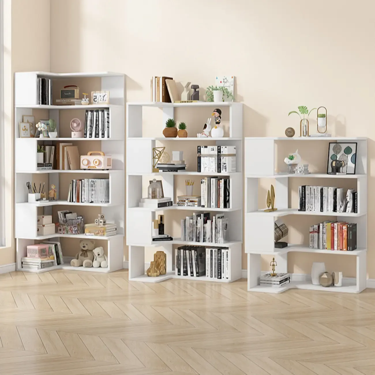 Irregular White L-shaped Wood Open Back Corner Bookcase