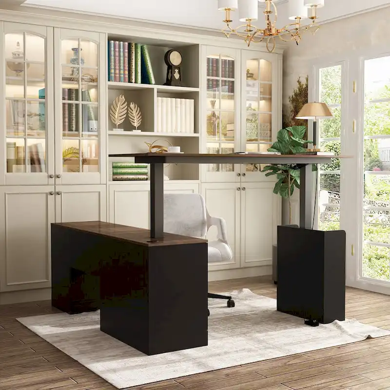 Height-Adjustable Home Office Desk with Storage, 63"W, 29.6"-45.3"H, Cabinet & Drawers, 2 Colors