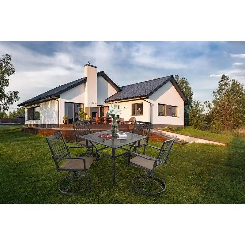 5 Pieces Patio Dining Set, 4 Sling Swivel Chairs and Outdoor/Indoor Multi Role Metal 37  Square Table with 1.57  Umbrella Hole