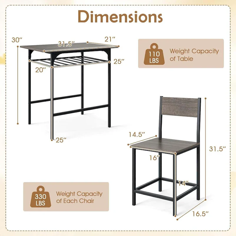 3PCS Dining Table Set Industrial Breakfast Nook Table Set w/ Wine Rack