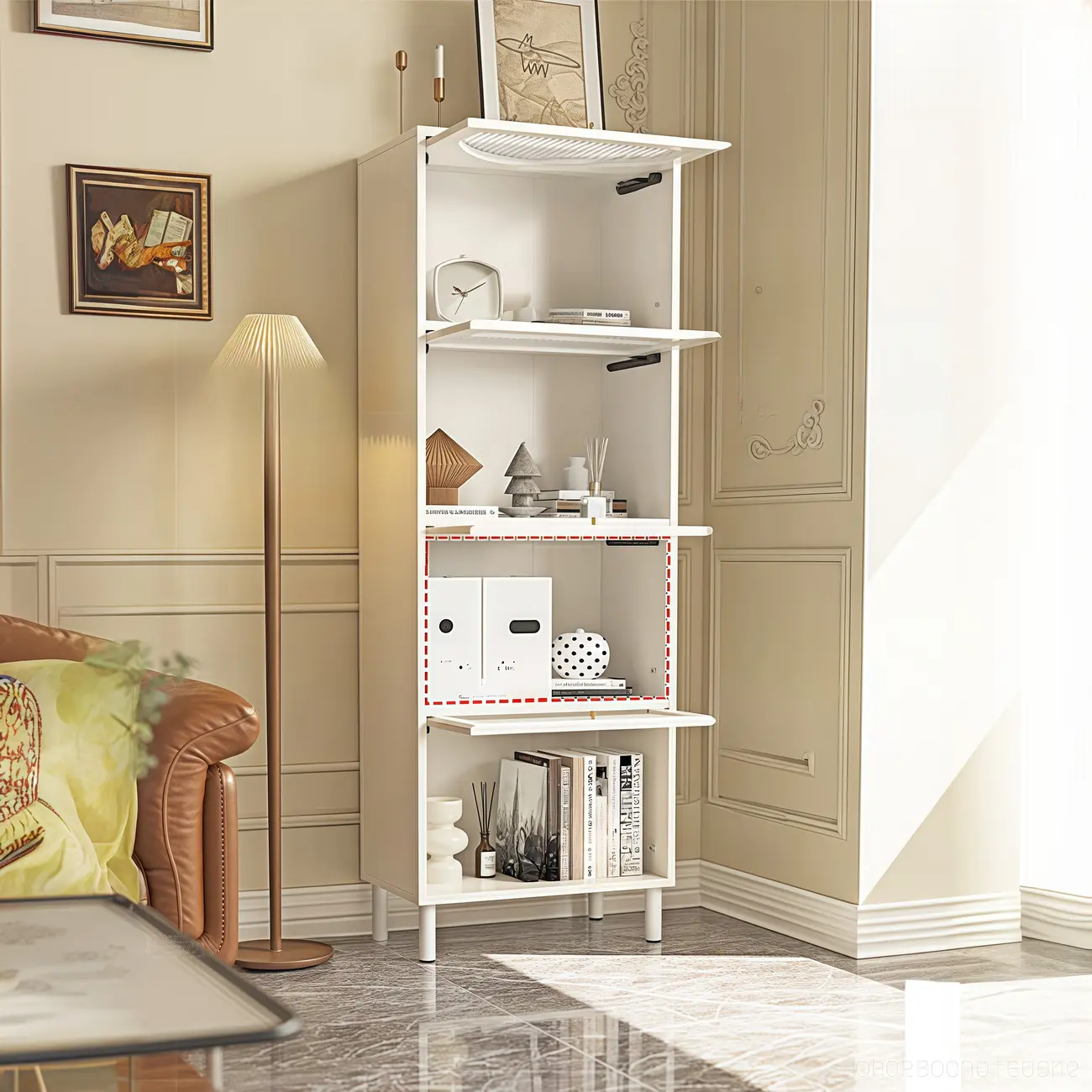 3-5 Shelves White Glass Display Cabinet with Flip Cover