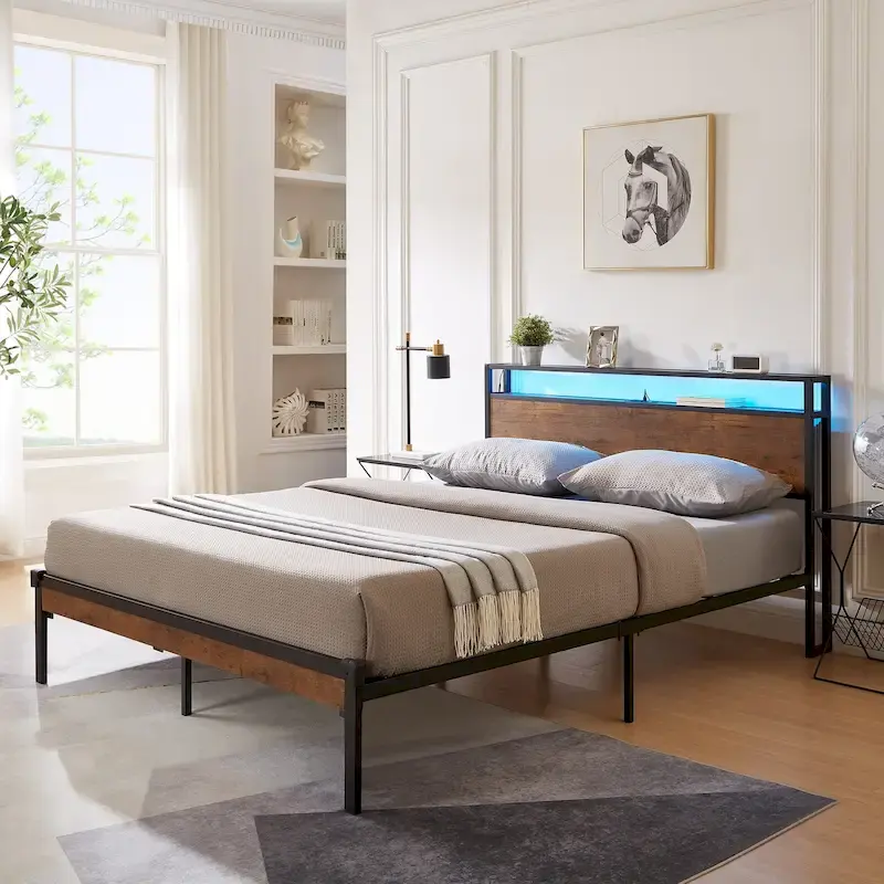 King Size Modern Metal Platform Bed with Wooden Headboard and LED Lights for Bedroom