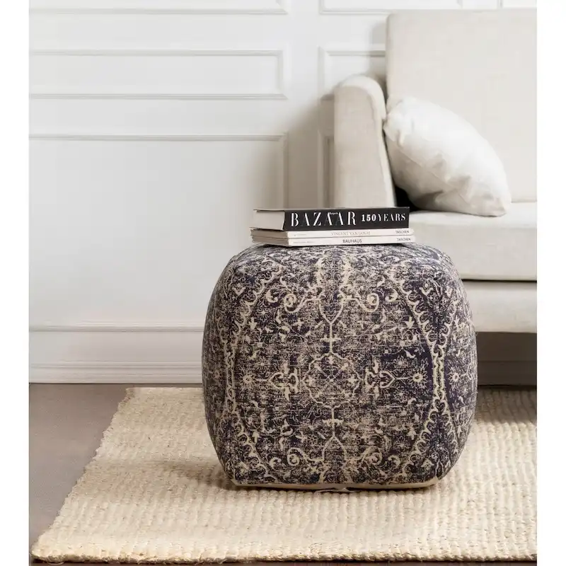 Jani Hanalei 20-inch Blue & Ivory Square Pouf Ottoman - Handmade Footrest for Living Room, Bedroom, Nursery, Kidsroom