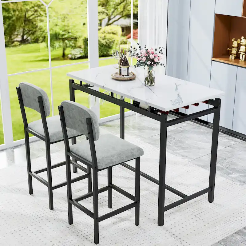 Kitchen Dining Table Chair Set, 3 Piece Counter Height Table Set with Storage Shelves and 2 Upholstered Chairs