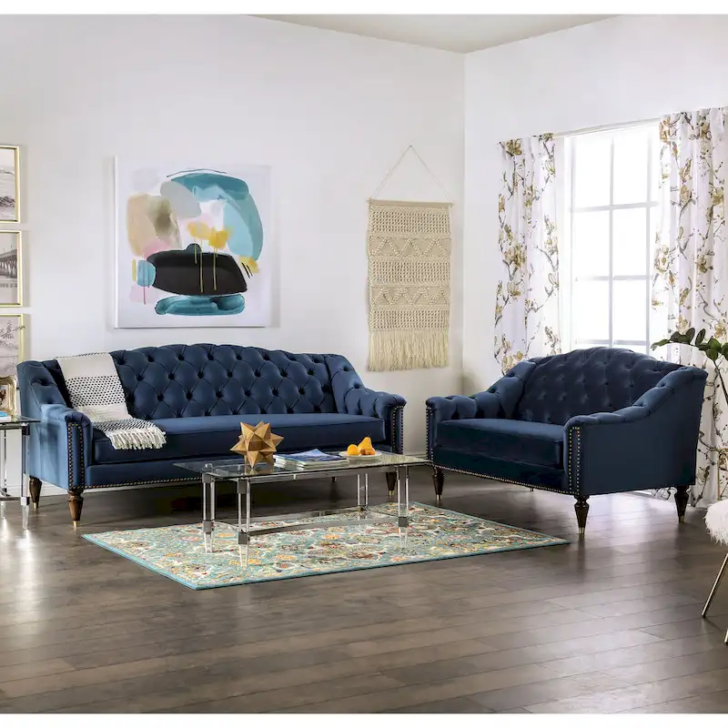 Adeben Transitional Blue Fabric Nailhead Trim Tufted 2-Piece Sofa Set by Furniture of America