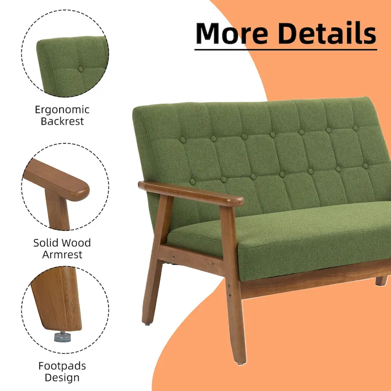 Mid-Century Linen/PU Upholstered Wood Frame Tufted Loveseat Sofa