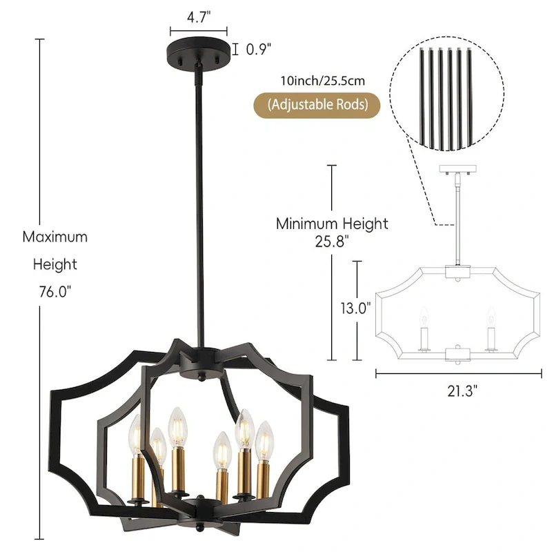 6-L Lantern Industrial Adjustable Metal Pendant Light Kitchen Island Chandelier - 11.8 x 21.3  - N/A
