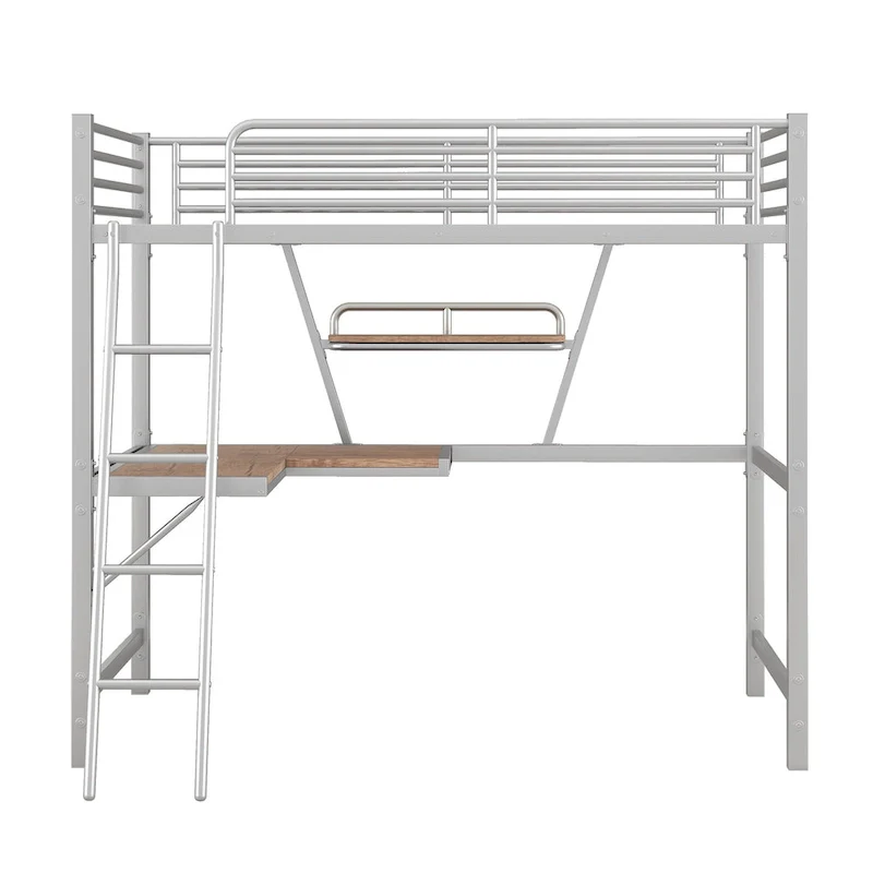 Twin Metal Loft Bed with Desk and Guardrail