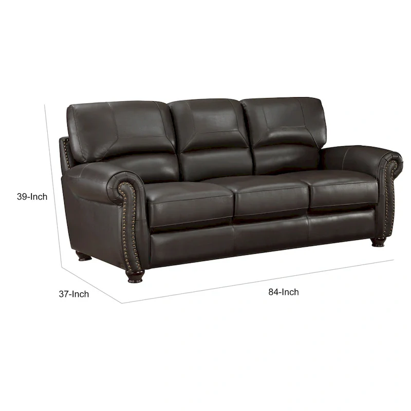 84 Inch Sofa, Dark Brown Top Grain and Faux Leather, Solid Wood