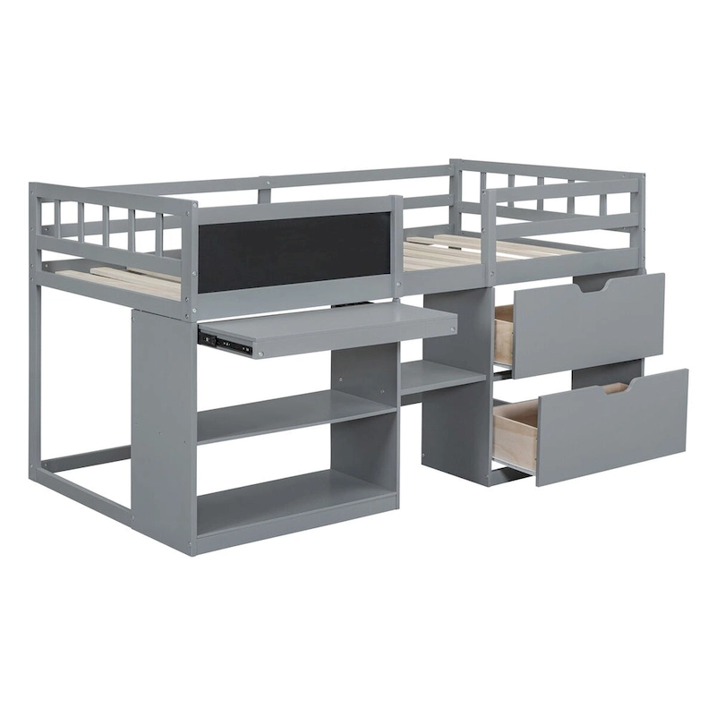 Gray Twin Size Low Loft Bed with Rolling Desk and Storage Drawers