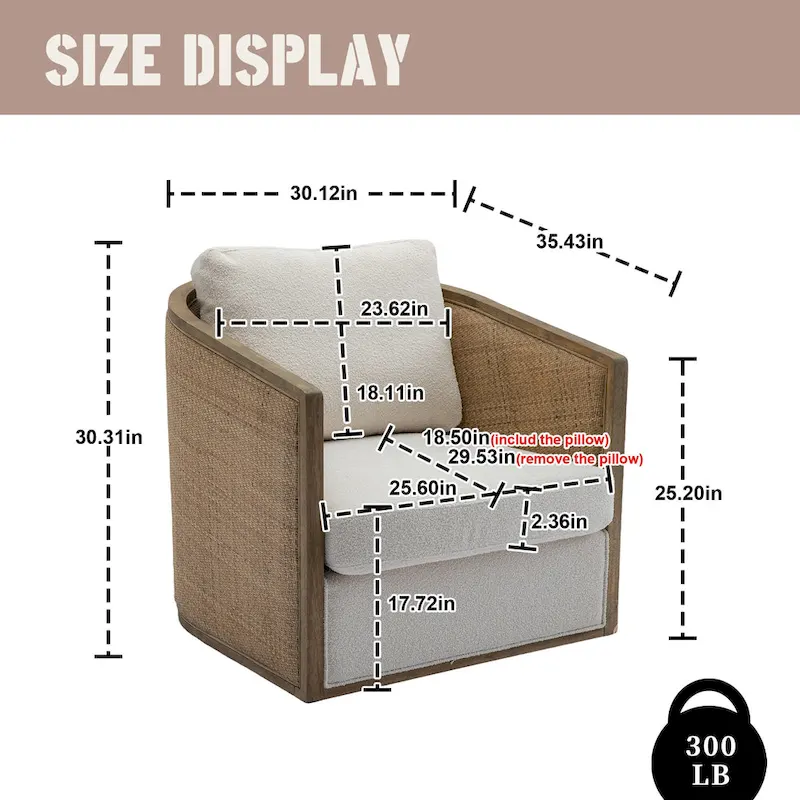 Boucle/Leather Upholstered 360 Degree Swivel Round Barrel Club Chair