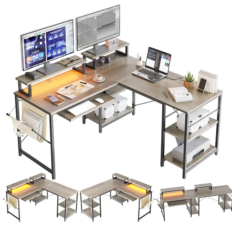 L Shaped Desk LED 95.2 Inch Computer Corner Desk with Keyboard Tray Monitor Stand