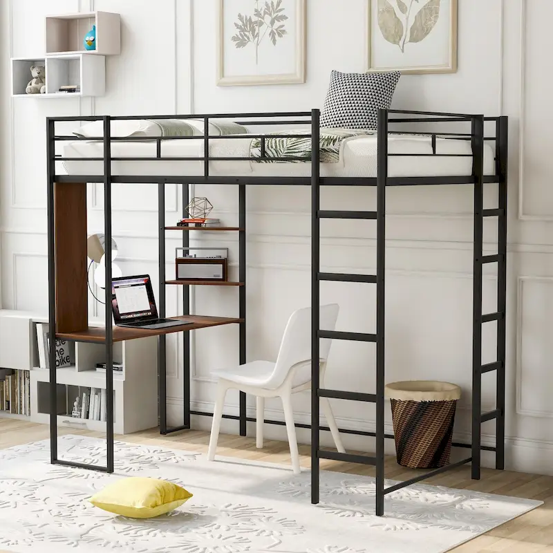 Black Twin Size Metal Loft Bed with Ladder, Fence, 2 Shelves and Desk for Bedroom