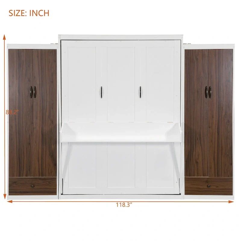 Queen Size Murphy Wall Bed with Wardrobe, Drawers and Fold-Down Desk