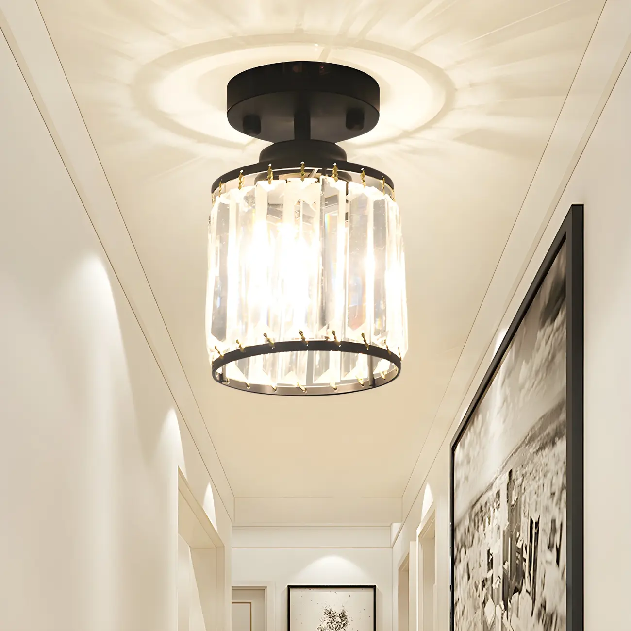 Elegant Clear Crystal Drum Semi Flush Ceiling Light