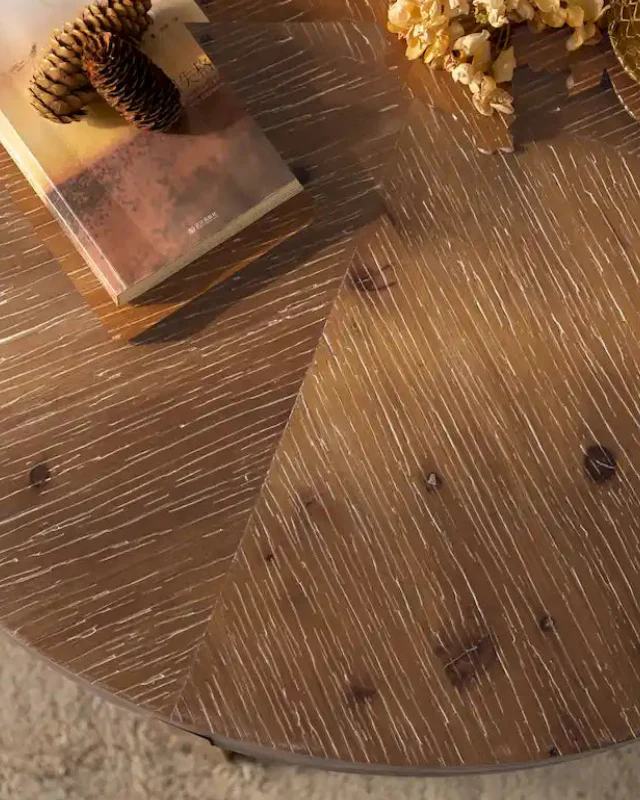 Natural Wood Round Coffee Table with Metal Cross Legs