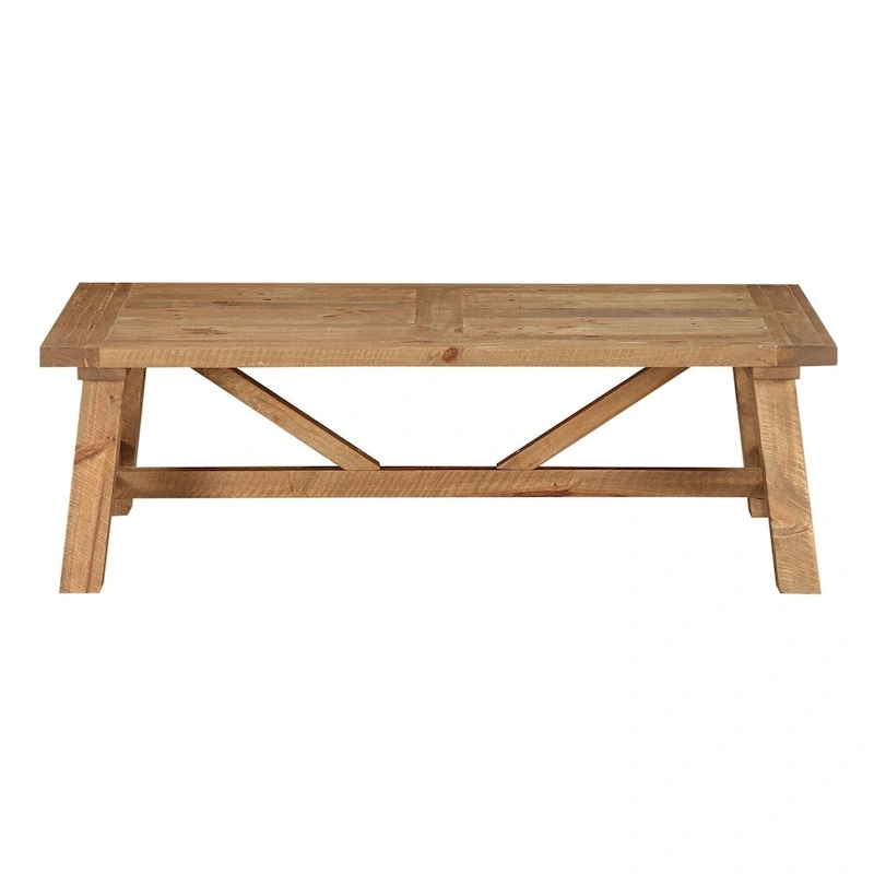 Pine Wood Coffee Table with Trestle Reinforced Sawhorse Base, Brown