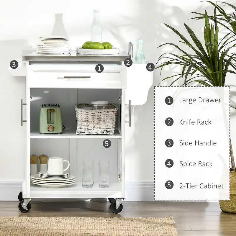 Kitchen Island on Wheels, Rolling Kitchen Cart with Stainless Steel Countertop, Drawer, Towel Rack and Spice Rack