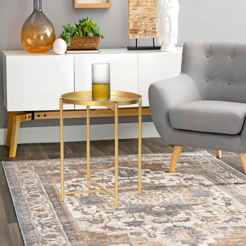 Adeco Gold End Table Metal Waterproof Snack Beside Table Accent Coffee Table - 16.9(D)x 16.9(W)x 20.5(H)