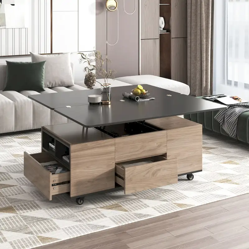 Modern Walnut & White Lift Top Coffee Table Multifunctional Table with Drawers & Shelves