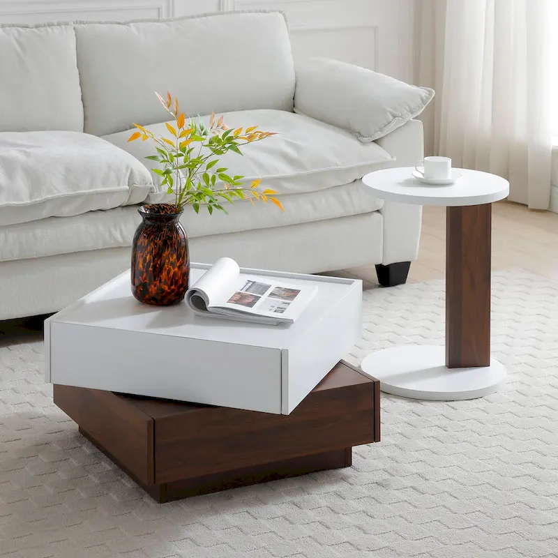 2 Set Coffee table,Rotating Table with 2 Drawers,High wood 2-Tier Center Table with Storage,Square Table with Swivel Tabletop
