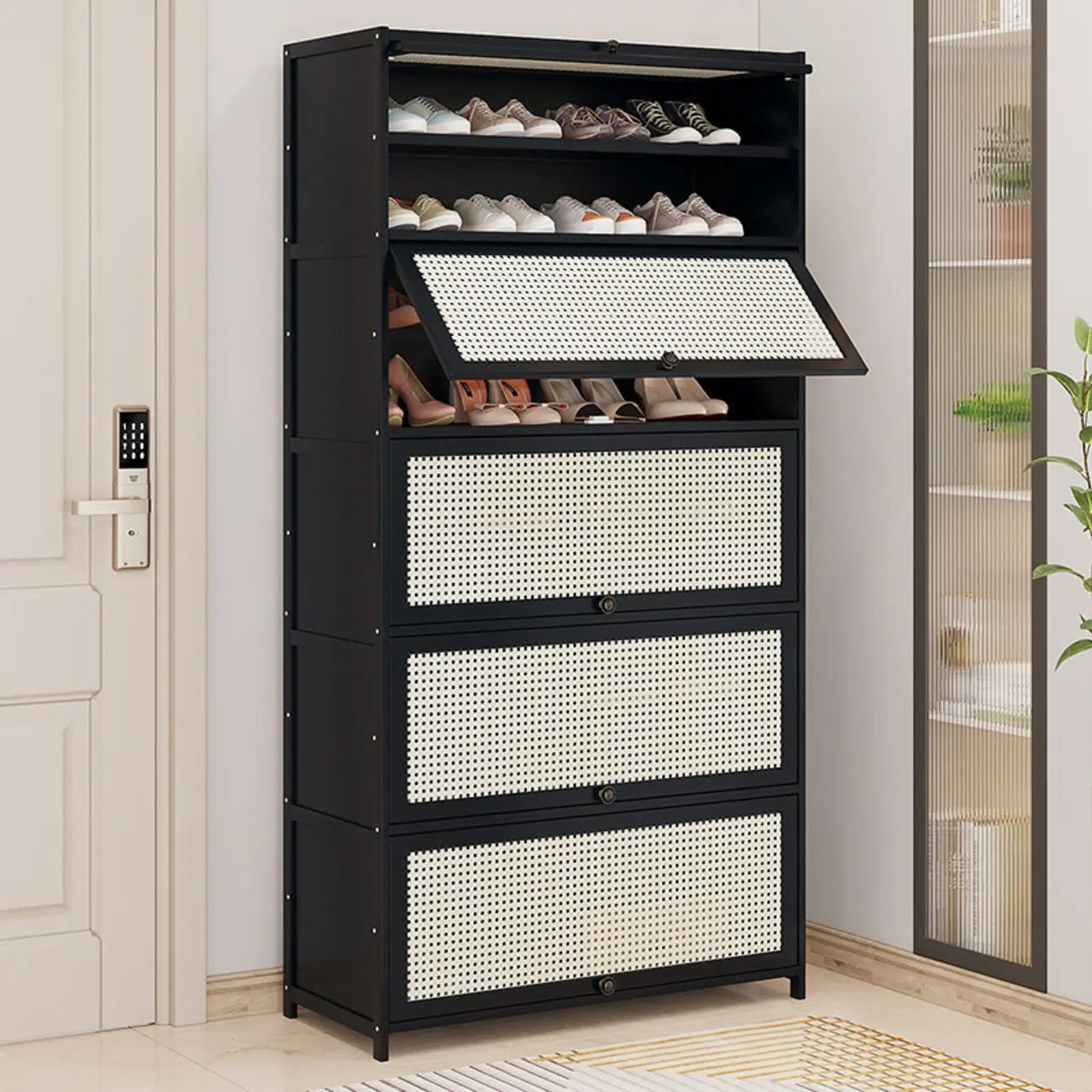 Modern Black Bamboo Shoe Cabinet with Rattan Panels