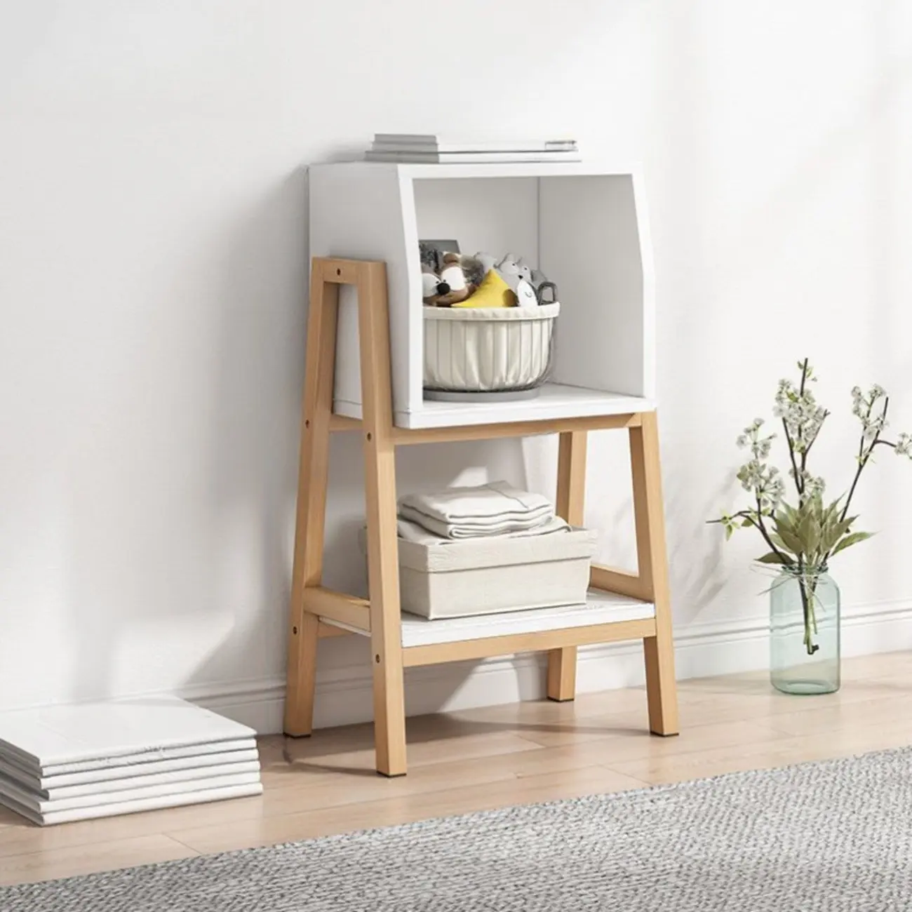 Narrow 2-Tier Natural White Wooden Ladder Bookcase