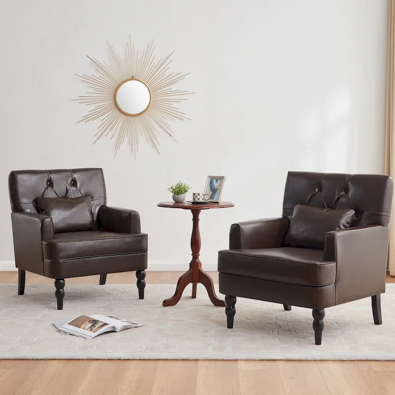 Set of 2 Arm Chair Upholstered Button Tufted Accent Chair with Lumbar Pillow Beige/ Grey/ Light Blue