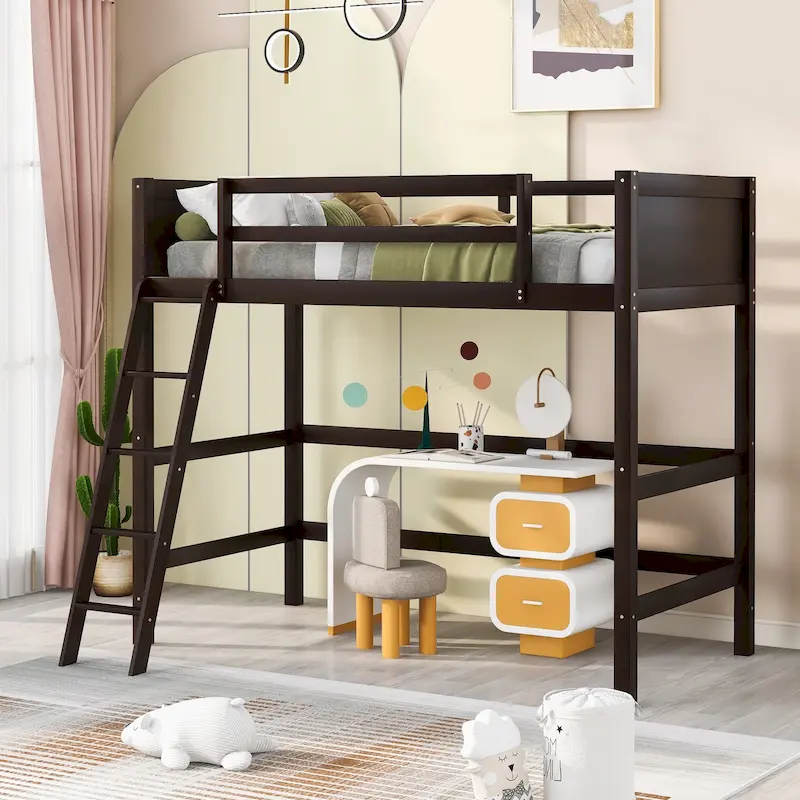 Espresso Twin Solid Wood Loft Bed with Ladder & Fence