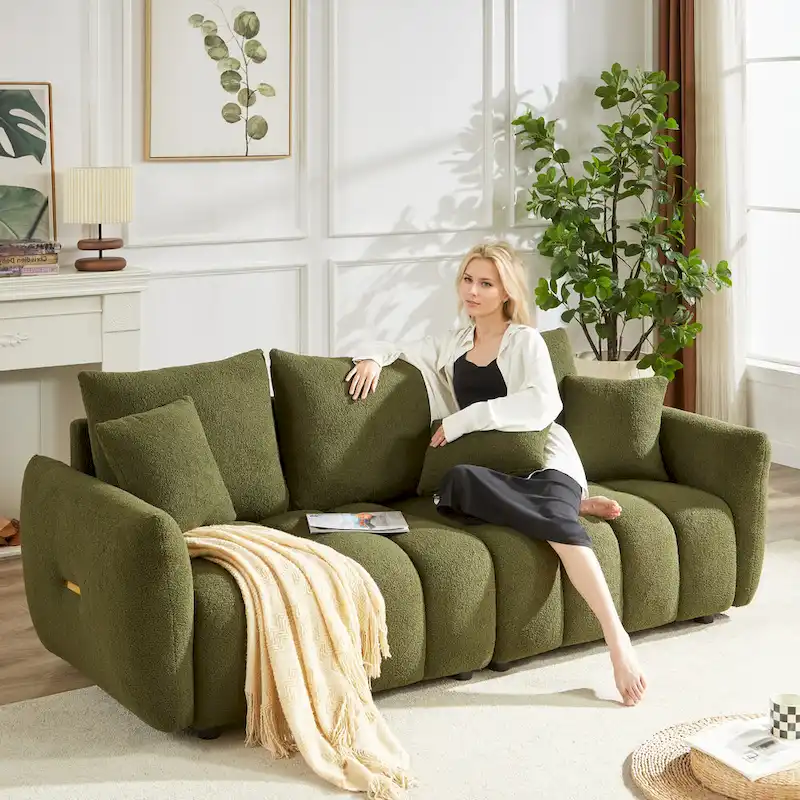 Green Teddy 3-seater Sofa with Back Pillows and Wood Frame
