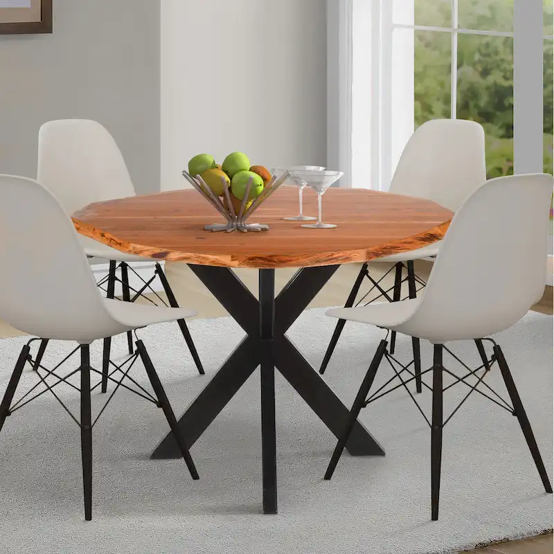 41-Inch Handcrafted Live-Edge Round Dining Table — Natural Brown Acacia Wood Top with Black Iron Legs