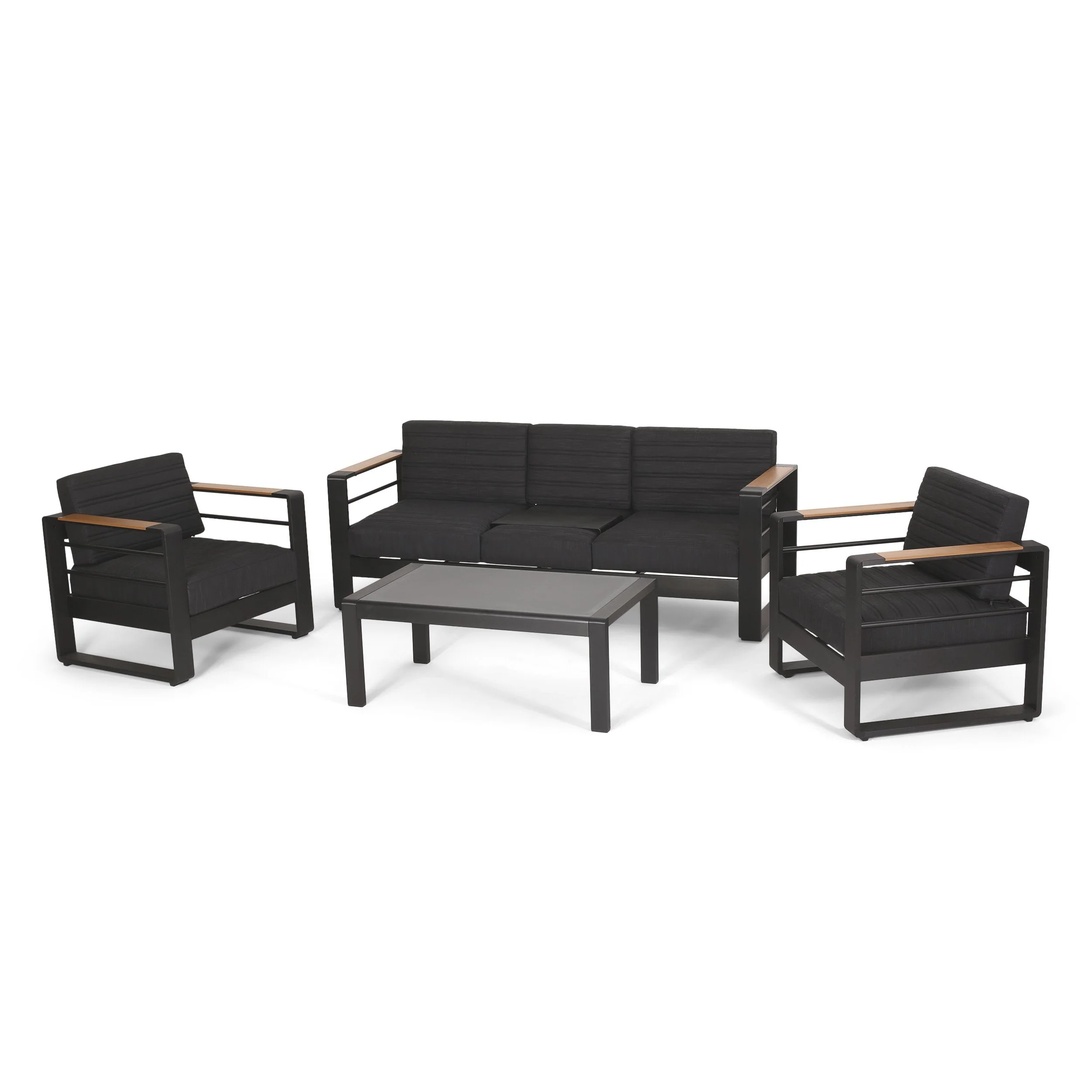 Outdoor Aluminum 5 Seater Chat Set with Water Resistant Cushions, Black, Natural, and Dark Gray - NH358413