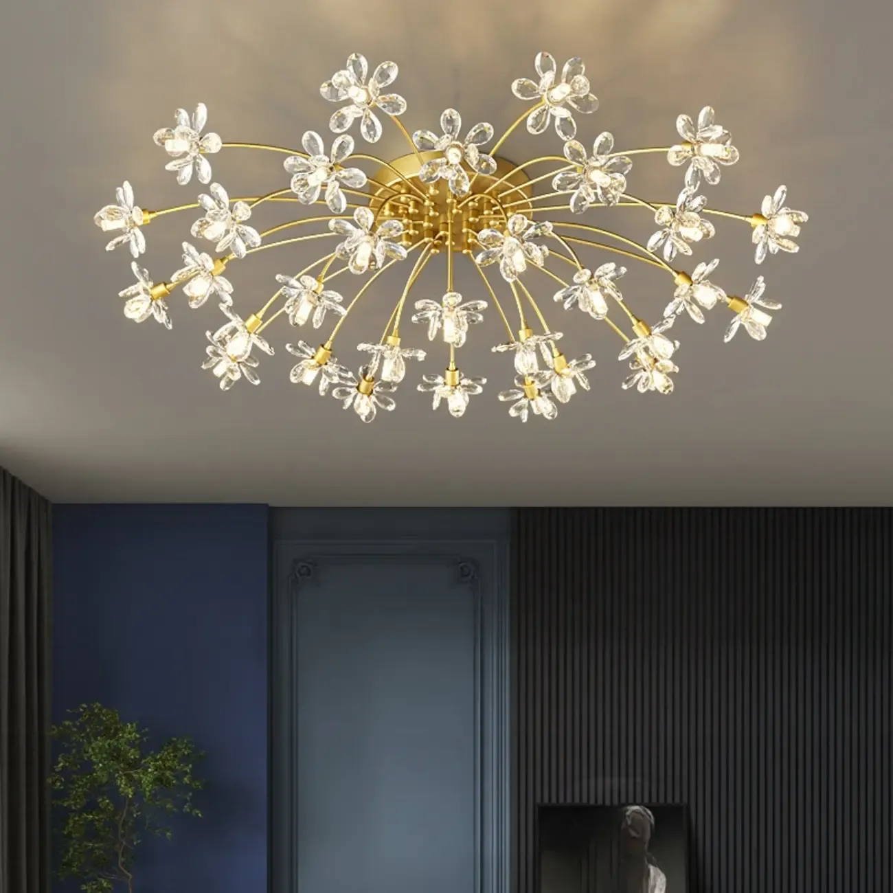 Modern Floral Crystal Golden Semi Flush Ceiling Light